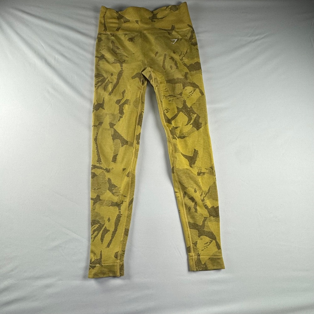 Gymshark Adapt Camo Seamless Leggings Yellow green Ruched High Waist Small B1A2K